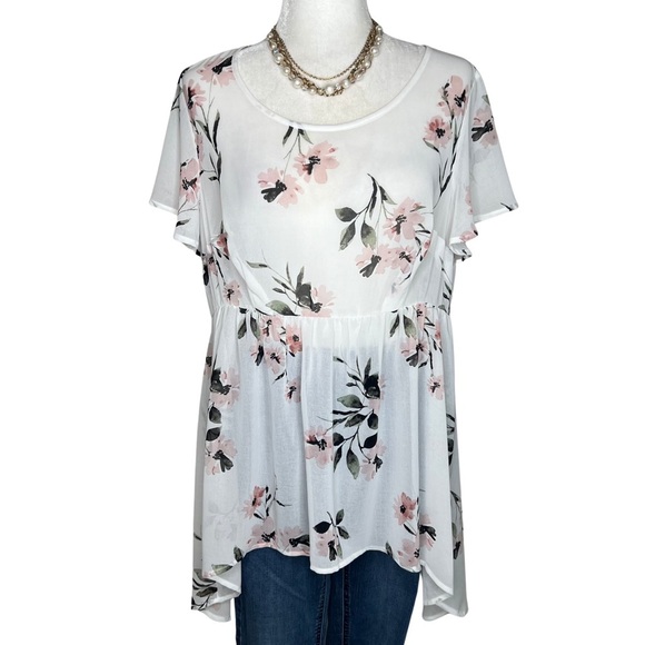 Torrid NEW White Floral Chiffon Hi Lo Tunic Ivory Pink Medium Large 10 M L NWOT - Picture 1 of 14